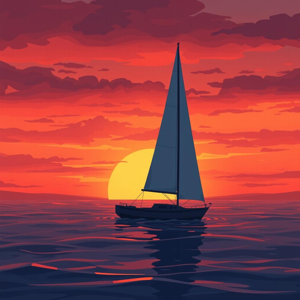 An animation featuring a sailboat without sails, drifting in serene waters at sunset, embodying a profound sense of sadness