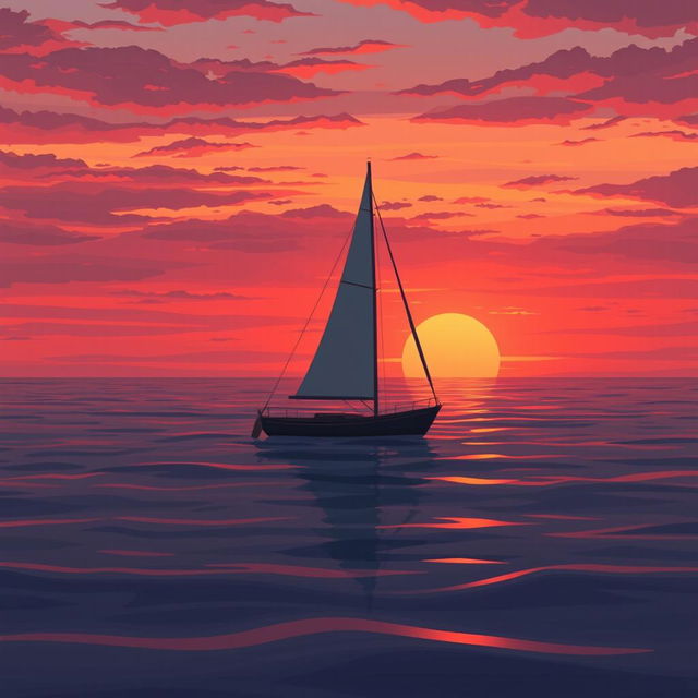 An animation featuring a sailboat without sails, drifting in serene waters at sunset, embodying a profound sense of sadness