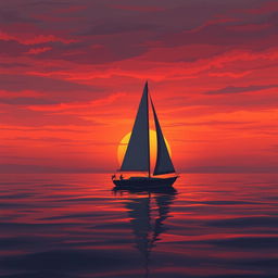 An animation featuring a sailboat without sails, drifting in serene waters at sunset, embodying a profound sense of sadness
