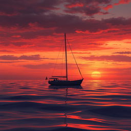 An animation featuring a sailboat without sails, drifting in serene waters at sunset, embodying a profound sense of sadness