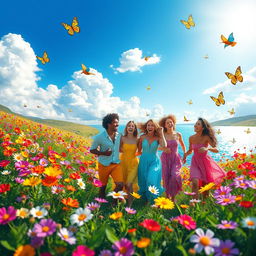 A vibrant and cheerful landscape filled with colorful flowers in full bloom, a bright blue sky with fluffy white clouds, and a sparkling lake reflecting the sunshine