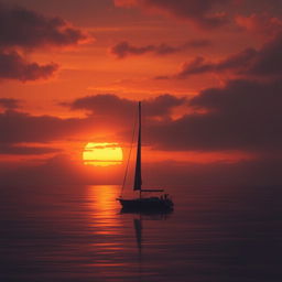 An animation depicting a sailboat without sails gently drifting on calm waters during a deeply poignant sunset