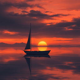 An animation depicting a sailboat without sails gently drifting on calm waters during a deeply poignant sunset
