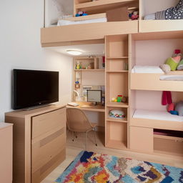 A multifunctional 3x4 room with a bunk bed. Underneath the bed, there is a study/work area. The room also features a television, a comfortable sofa, additional wardrobes, and a bookshelf filled with books