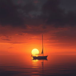 An animation depicting a sailboat without sails gently drifting on calm waters during a deeply poignant sunset