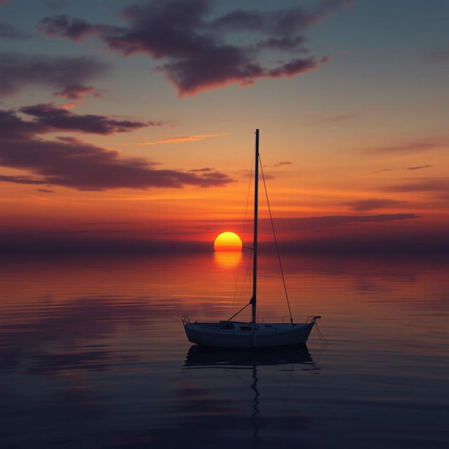 An animation depicting a sailboat without sails gently drifting on calm waters during a deeply poignant sunset