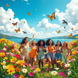 A vibrant and cheerful landscape filled with colorful flowers in full bloom, a bright blue sky with fluffy white clouds, and a sparkling lake reflecting the sunshine