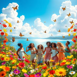 A vibrant and cheerful landscape filled with colorful flowers in full bloom, a bright blue sky with fluffy white clouds, and a sparkling lake reflecting the sunshine