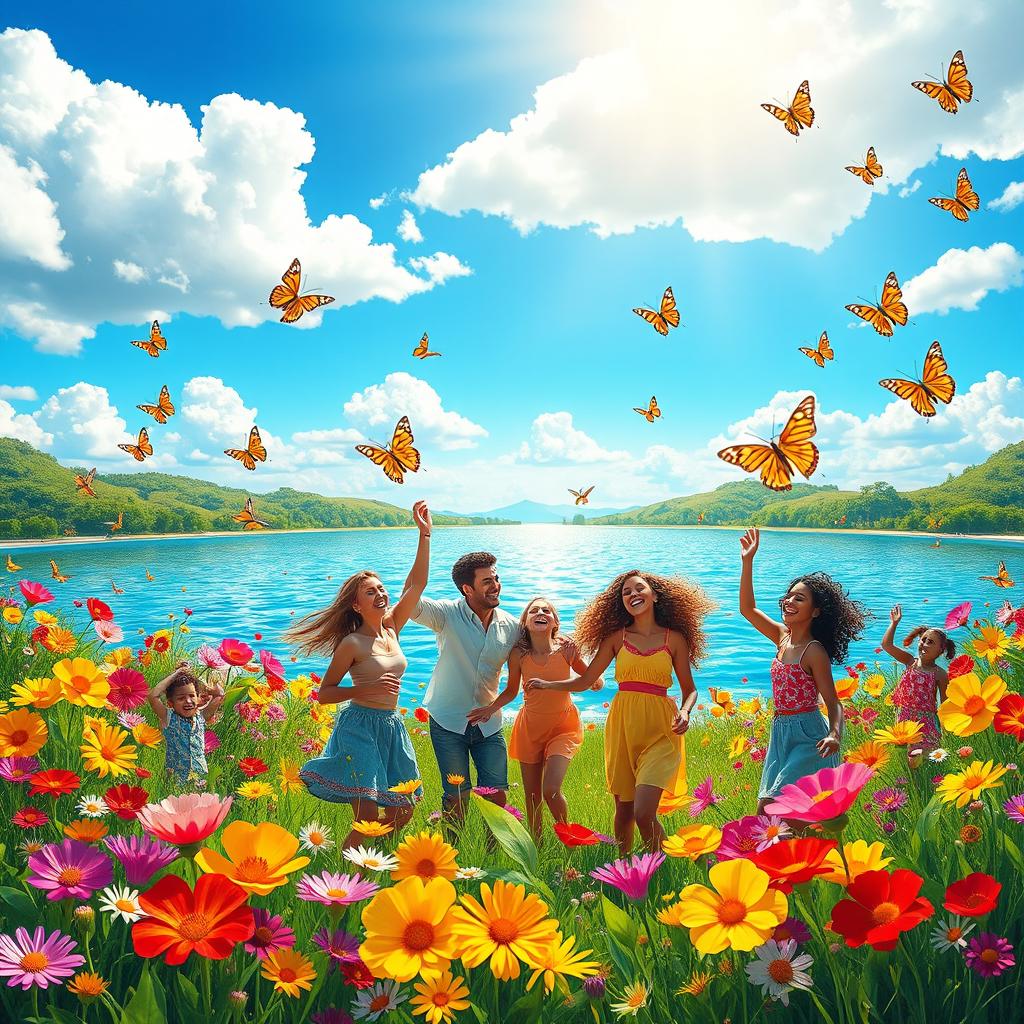 A vibrant and cheerful landscape filled with colorful flowers in full bloom, a bright blue sky with fluffy white clouds, and a sparkling lake reflecting the sunshine