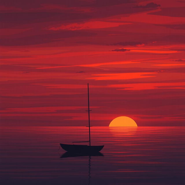 An animation depicting a sailboat without sails drifting aimlessly on still waters at sunset, exuding a profound sense of sadness