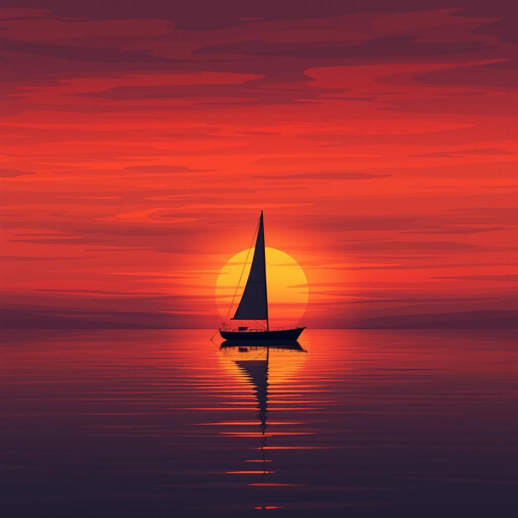 An animation depicting a sailboat without sails drifting aimlessly on still waters at sunset, exuding a profound sense of sadness