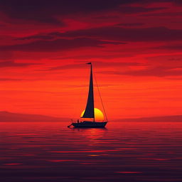 An animation depicting a sailboat without sails drifting aimlessly on still waters at sunset, exuding a profound sense of sadness