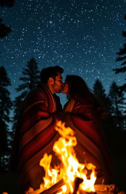 A romantic couple sharing a passionate kiss in front of a crackling bonfire, with vivid flames illuminating their faces
