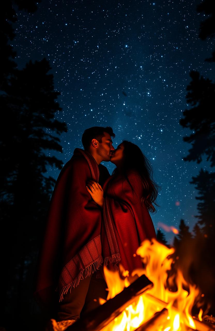 A romantic couple sharing a passionate kiss in front of a crackling bonfire, with vivid flames illuminating their faces