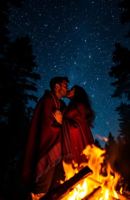 A romantic couple sharing a passionate kiss in front of a crackling bonfire, with vivid flames illuminating their faces