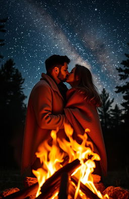 A romantic couple sharing a passionate kiss in front of a crackling bonfire, with vivid flames illuminating their faces