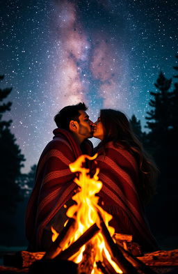 A romantic couple sharing a passionate kiss in front of a crackling bonfire, with vivid flames illuminating their faces