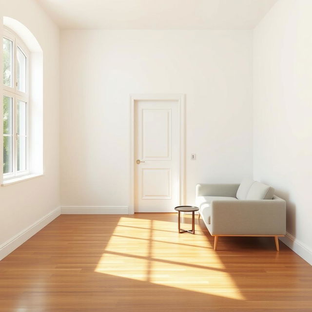 A simple interior scene featuring a room where a door has been transformed seamlessly into a white wall