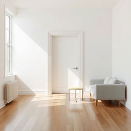 A simple interior scene featuring a room where a door has been transformed seamlessly into a white wall