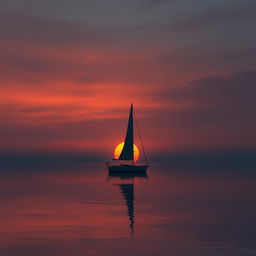 An animation illustrating a sailboat without sails floating on calm waters during a profoundly sad sunset