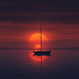 An animation illustrating a sailboat without sails floating on calm waters during a profoundly sad sunset