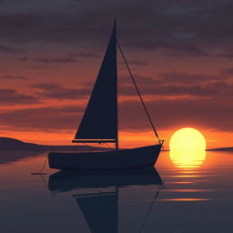 An animation illustrating a sailboat without sails floating on calm waters during a profoundly sad sunset