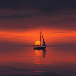 An animation illustrating a sailboat without sails floating on calm waters during a profoundly sad sunset