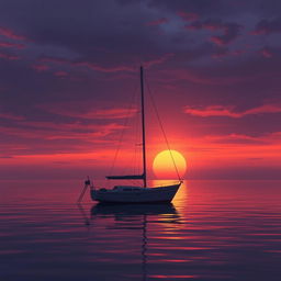 An animation featuring a sailboat without sails peacefully floating on calm waters at sunset, embodying a deep sense of sadness