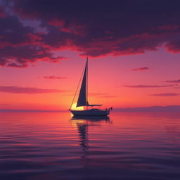 An animation featuring a sailboat without sails peacefully floating on calm waters at sunset, embodying a deep sense of sadness