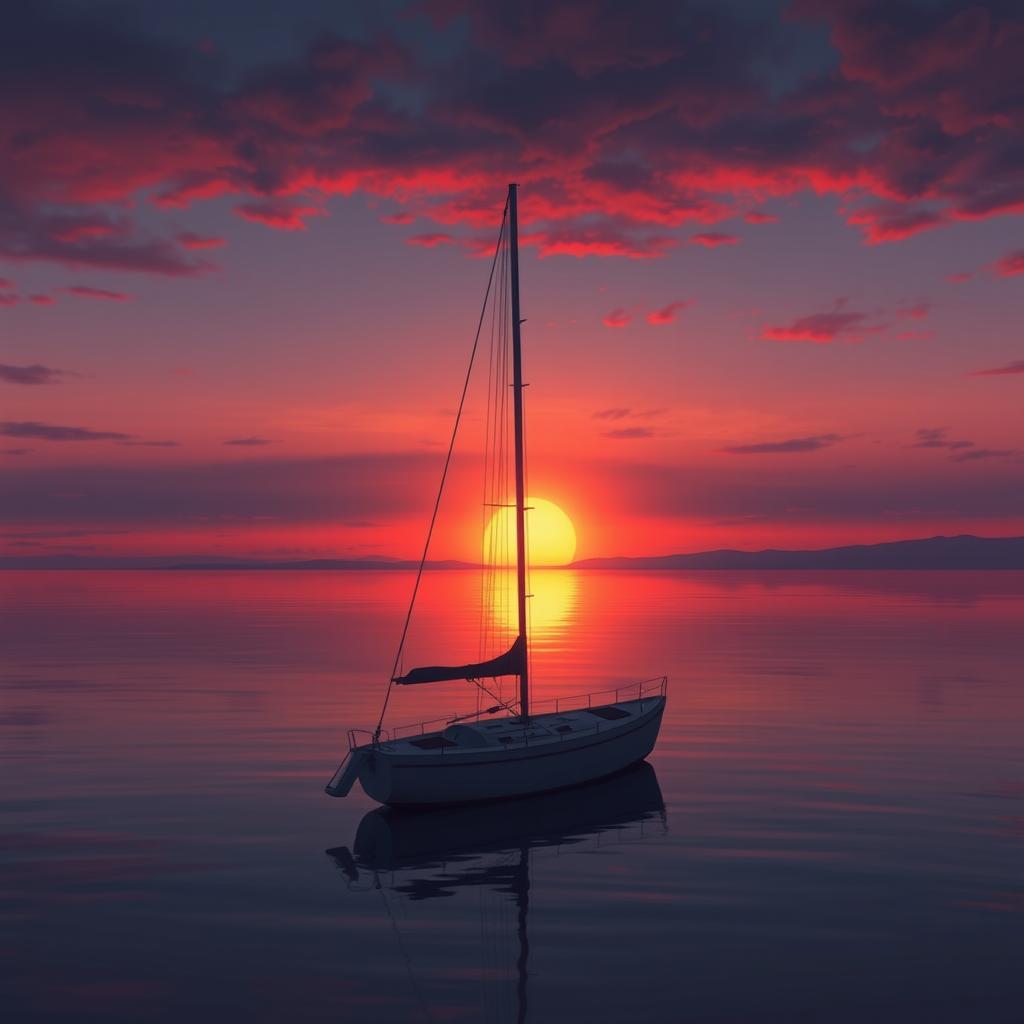 An animation featuring a sailboat without sails peacefully floating on calm waters at sunset, embodying a deep sense of sadness