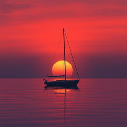 An animation featuring a sailboat without sails peacefully floating on calm waters at sunset, embodying a deep sense of sadness