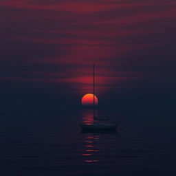 An animation showcasing a sailboat without sails gently floating on calm waters during a profoundly sad sunset