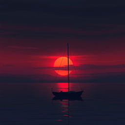 An animation showcasing a sailboat without sails gently floating on calm waters during a profoundly sad sunset