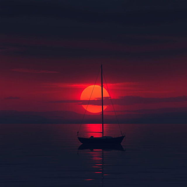 An animation showcasing a sailboat without sails gently floating on calm waters during a profoundly sad sunset