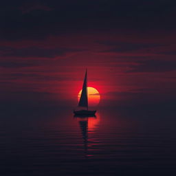 An animation showcasing a sailboat without sails gently floating on calm waters during a profoundly sad sunset