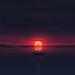An animation showcasing a sailboat without sails gently floating on calm waters during a profoundly sad sunset