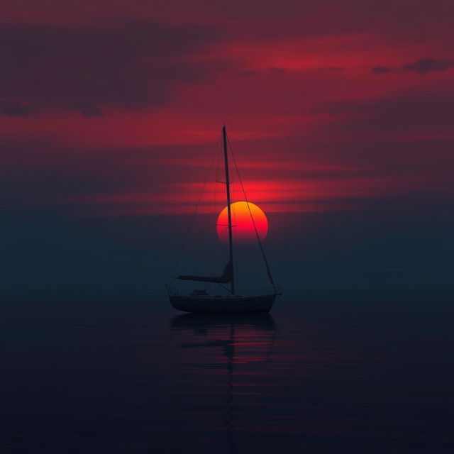 An animation of a sailboat without sails floating quietly on still water during a very sad sunset