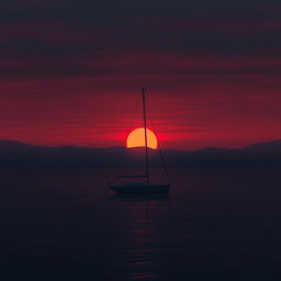 An animation of a sailboat without sails floating quietly on still water during a very sad sunset