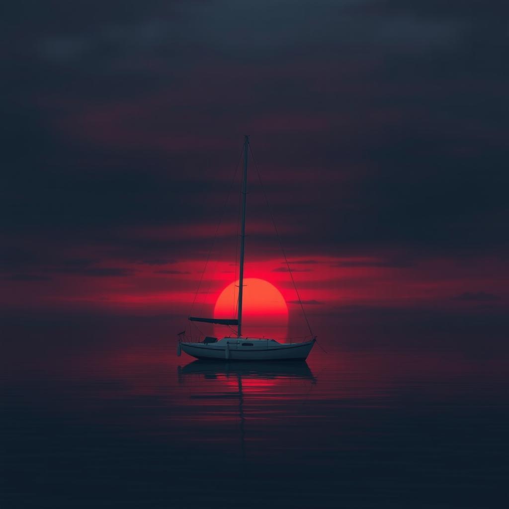 An animation of a sailboat without sails floating quietly on still water during a very sad sunset