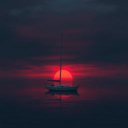 An animation of a sailboat without sails floating quietly on still water during a very sad sunset