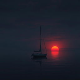 An animation of a sailboat without sails floating quietly on still water during a very sad sunset