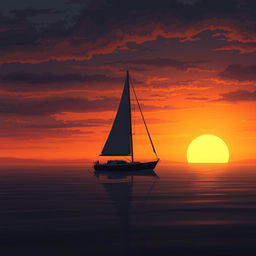 An animation featuring a sailboat without sails, drifting in still water under a very sad sunset