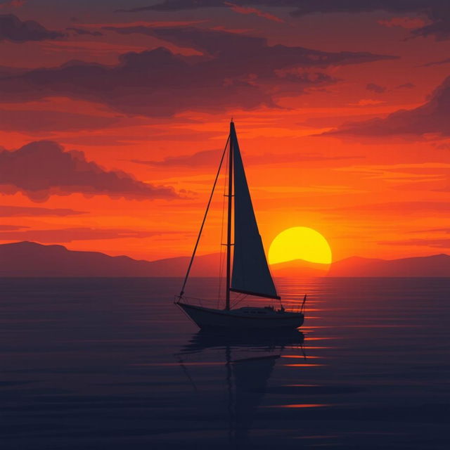 An animation featuring a sailboat without sails, drifting in still water under a very sad sunset