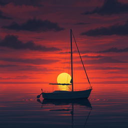 An animation featuring a sailboat without sails, drifting in still water under a very sad sunset