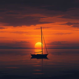 An animation featuring a sailboat without sails, drifting in still water under a very sad sunset