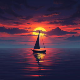 An animation depicting a sailboat without sails adrift on calm waters during a deeply sad sunset