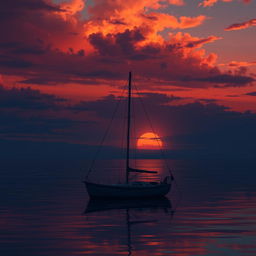 An animation depicting a sailboat without sails adrift on calm waters during a deeply sad sunset