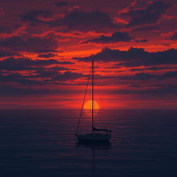 An animation depicting a sailboat without sails adrift on calm waters during a deeply sad sunset