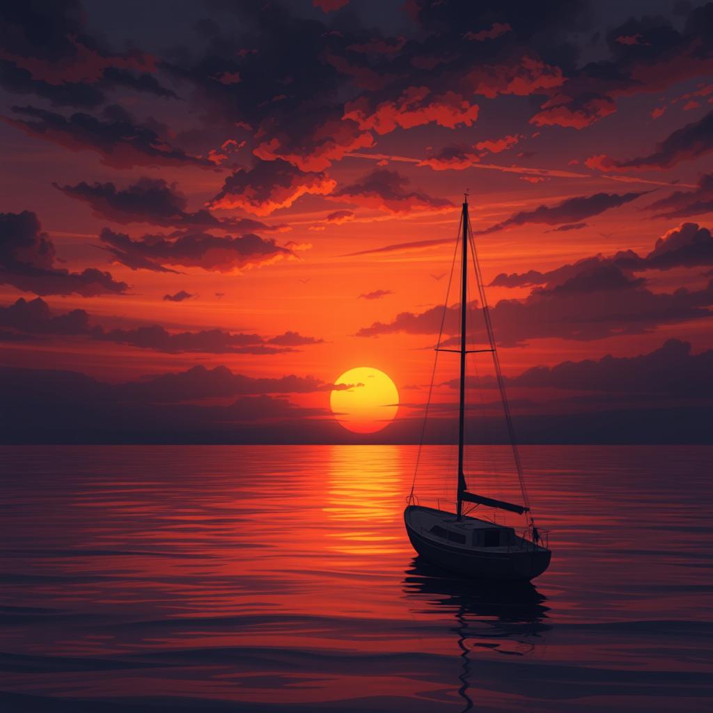 An animation depicting a sailboat without sails adrift on calm waters during a deeply sad sunset