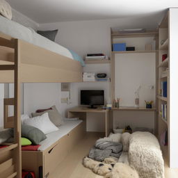 A multifunctional 3x4 room with a bunk bed. Underneath the bed, there is a study/work area. The room also features a television, a comfortable sofa, additional wardrobes, and a bookshelf filled with books